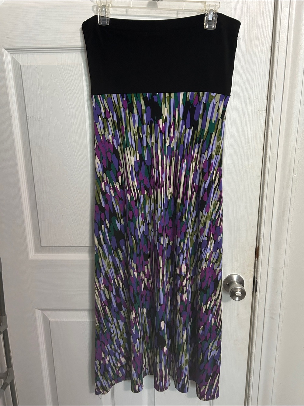 Striped Abstract Print Strapless Maxi Dress - Black and Purple
